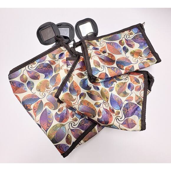 Braciano 3 Piece Cosmetic Bags Nesting Multicolor Leaves Mirrors Unused Makeup - Picture 1 of 10
